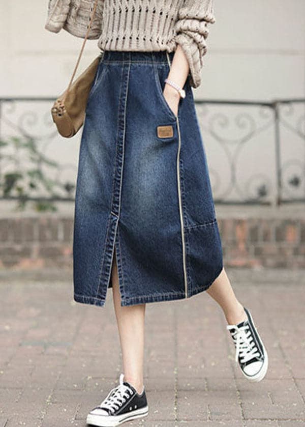 Fashion Denim Blue High Waist Pockets Patchwork Side Open Cotton Skirts Summer nz-SKTS220519