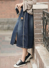 Fashion Denim Blue High Waist Pockets Patchwork Side Open Cotton Skirts Summer nz-SKTS220519