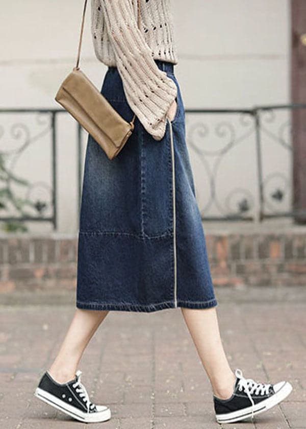 Fashion Denim Blue High Waist Pockets Patchwork Side Open Cotton Skirts Summer nz-SKTS220519