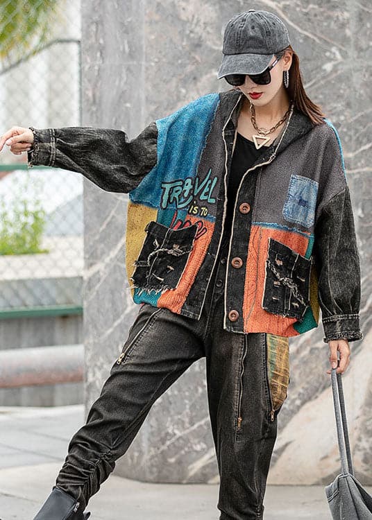 Fashion Denim Loose Patchwork Print Pockets Fall Long Sleeve Coat NZ-CTS210910