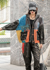 Fashion Denim Loose Patchwork Print Pockets Fall Long Sleeve Coat NZ-CTS210910