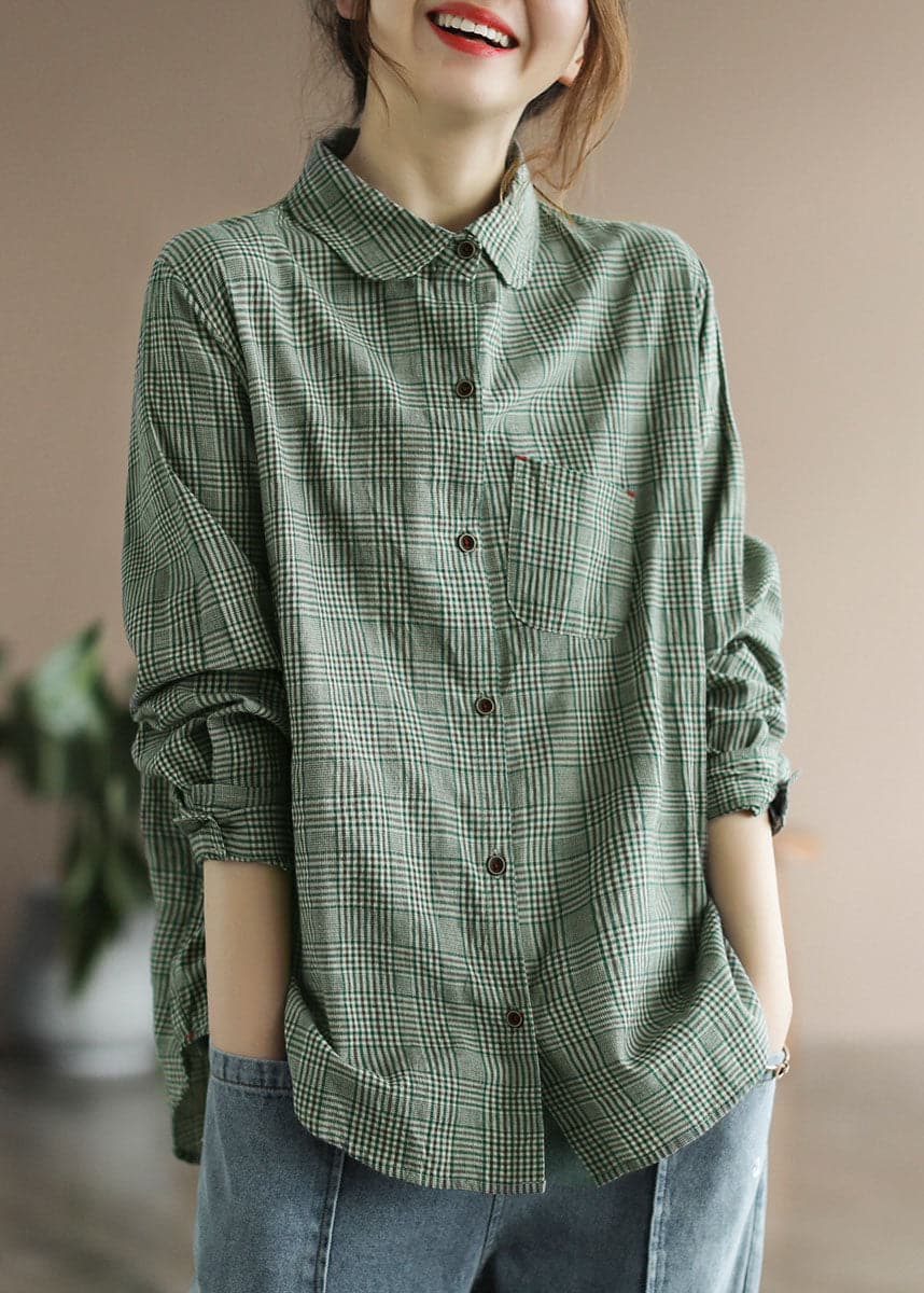 Fashion Green button Peter Pan Collar Cotton Shirt Tops Long Sleeve GK-LTP220228