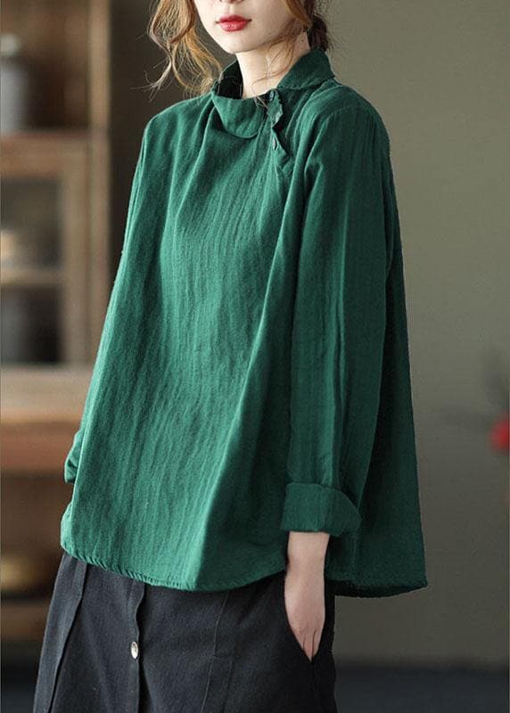 Fashion GreenPeter Pan Collar Button Fall Asymmetrical Design Top Long Sleeve GK-LTP210819