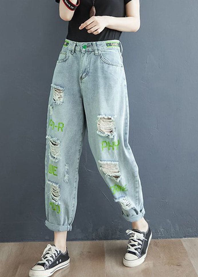 Fashion Light Blue Letter Embroideried Pockets Hole Cotton Denim Crop Pants Summer NZ-CPTS220627