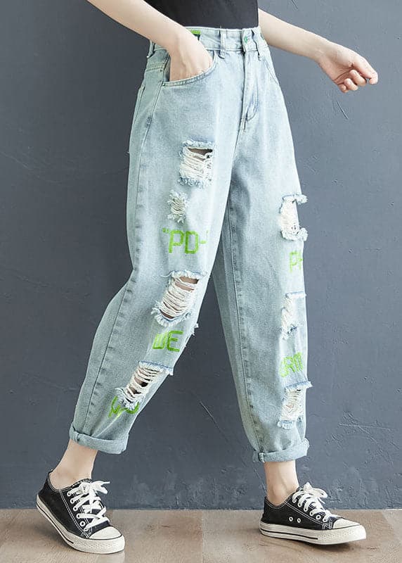 Fashion Light Blue Letter Embroideried Pockets Hole Cotton Denim Crop Pants Summer NZ-CPTS220627