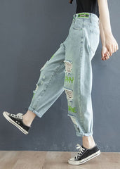 Fashion Light Blue Letter Embroideried Pockets Hole Cotton Denim Crop Pants Summer NZ-CPTS220627