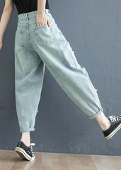 Fashion Light Blue Letter Embroideried Pockets Hole Cotton Denim Crop Pants Summer NZ-CPTS220627