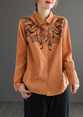 Fashion Orange Turn-down Collar Embroideried Cotton Shirt Top Long Sleeve GK-LTP220815