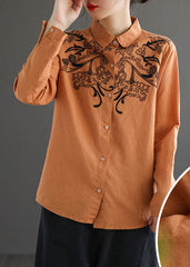 Fashion Orange Turn-down Collar Embroideried Cotton Shirt Top Long Sleeve GK-LTP220815