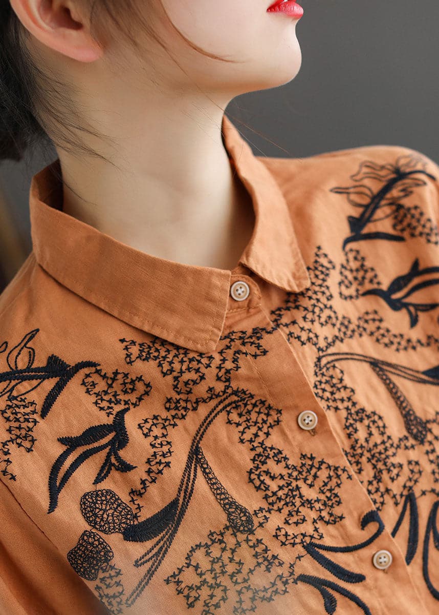 Fashion Orange Turn-down Collar Embroideried Cotton Shirt Top Long Sleeve GK-LTP220815