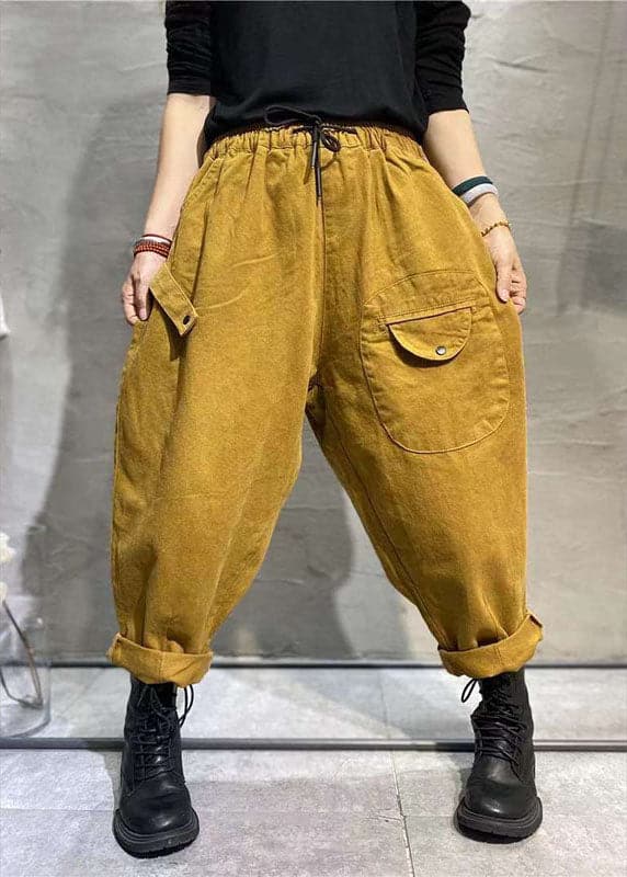 Fashion Yellow Casual Elastic Waist Pockets Tie Waist Fall Pants GK-LPTS210910