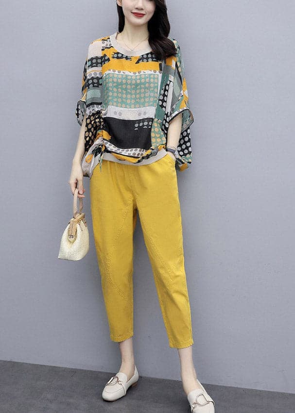 Fashion Yellow O-Neck Print Top And Pants Two Pieces Set Summer GK-TPIEC220422