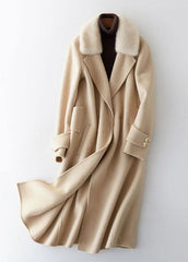 Fashion beige woolen outwear oversized long coats fur collar woolen outwear Notched TCT190821