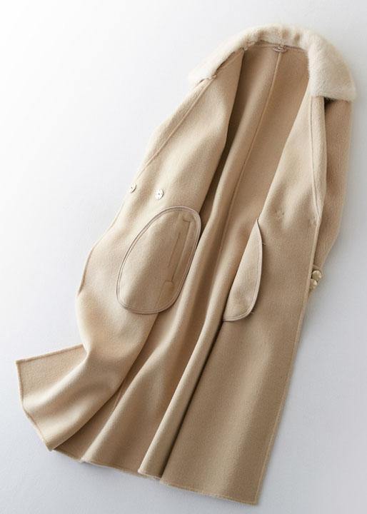 Fashion beige woolen outwear oversized long coats fur collar woolen outwear Notched TCT190821