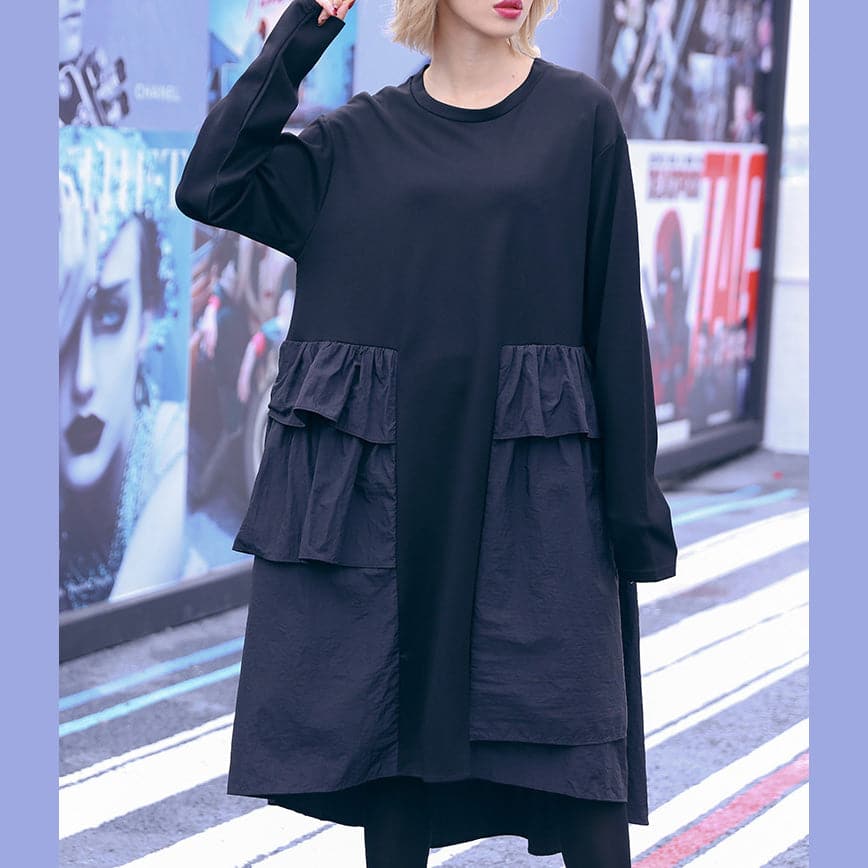 Fashion black Cotton Tunics plus size Outfits patchwork daily Dresses AT-FDM190115