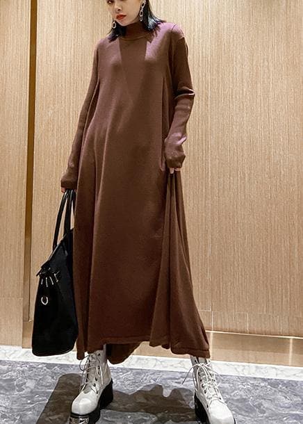 Fashion chocolate Sweater dresses Refashion high neck large hem Mujer fall knitwear AT-FDL201105