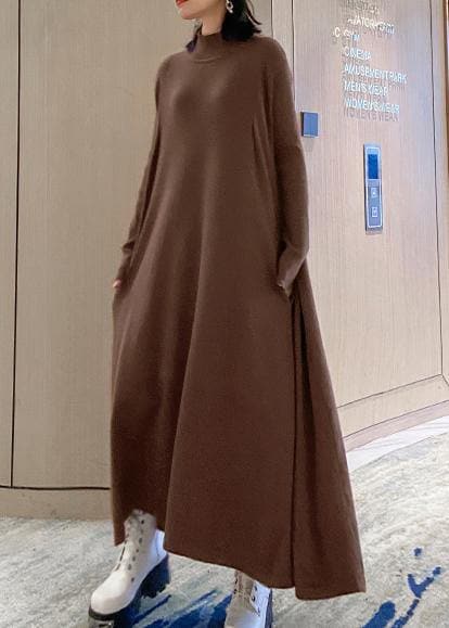 Fashion chocolate Sweater dresses Refashion high neck large hem Mujer fall knitwear AT-FDL201105