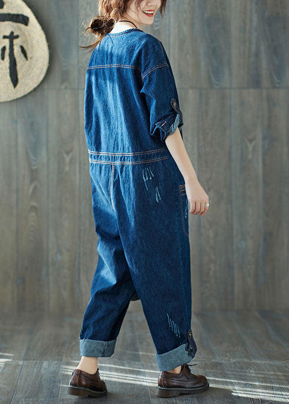 Fashion dark Blue O-Neck pockets denim Jumpsuits Spring dylinoshop