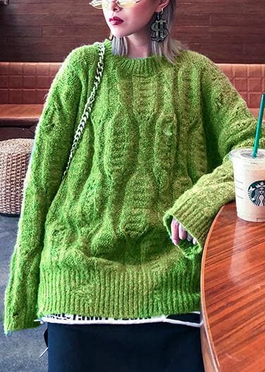 Fashion winter green sweaters plus size o neck patchwork Hole knit blouse AT-NTP191023