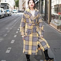 Fashion yellow Plaid coats casual Notched outwear 2018 pockets tassel Coats TCT181016