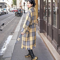 Fashion yellow Plaid coats casual Notched outwear 2018 pockets tassel Coats TCT181016