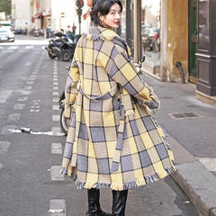 Fashion yellow Plaid coats casual Notched outwear 2018 pockets tassel Coats TCT181016