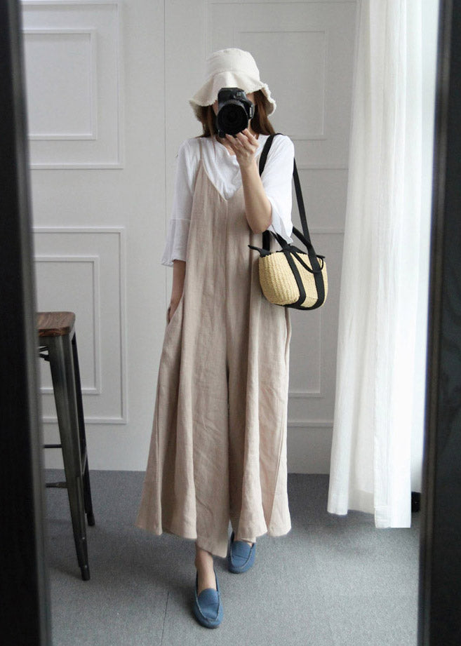 Fine Beige V Neck Pockets Spaghetti Strap Jumpsuit Pants Summer dylinoshop