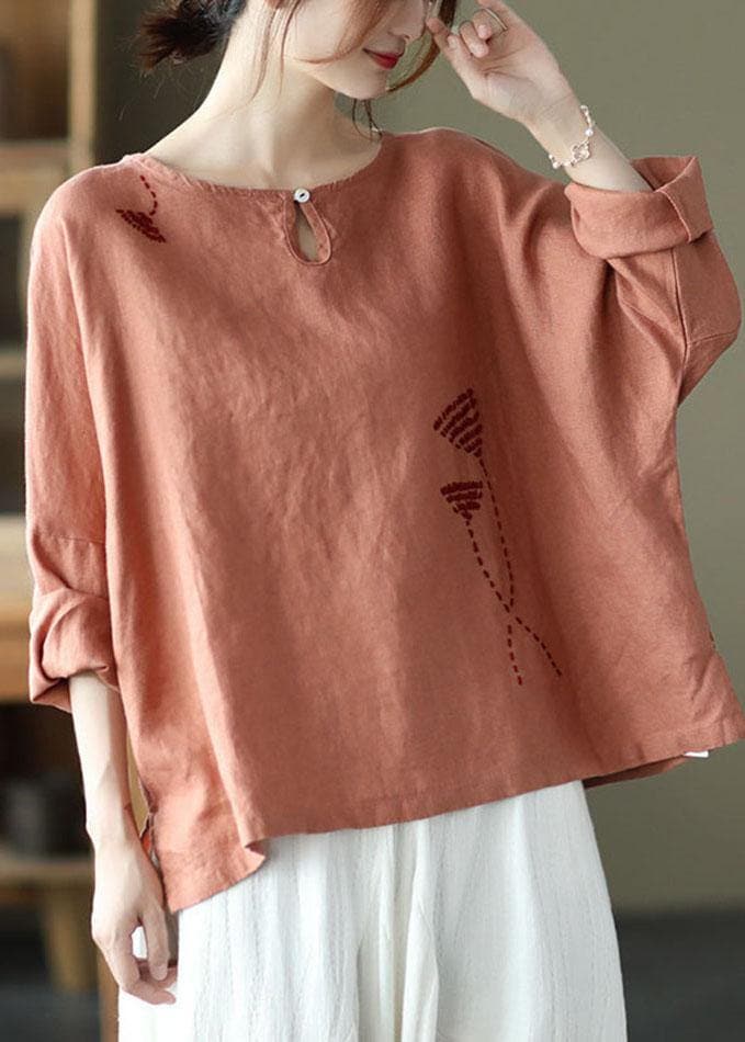 Fine Pink Oriental Retro O-Neck Fall Linen Long Sleeve Blouse Tops GK-LTP210810