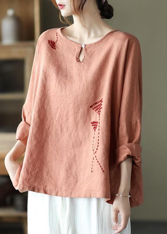 Fine Pink Oriental Retro O-Neck Fall Linen Long Sleeve Blouse Tops GK-LTP210810