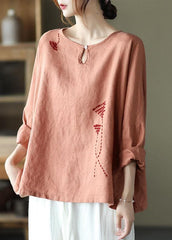 Fine Pink Oriental Retro O-Neck Fall Linen Long Sleeve Blouse Tops GK-LTP210810