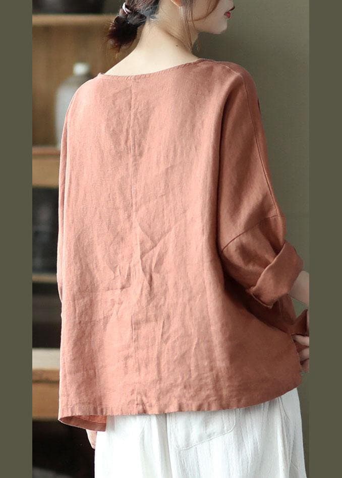 Fine Pink Oriental Retro O-Neck Fall Linen Long Sleeve Blouse Tops GK-LTP210810