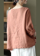 Fine Pink Oriental Retro O-Neck Fall Linen Long Sleeve Blouse Tops GK-LTP210810