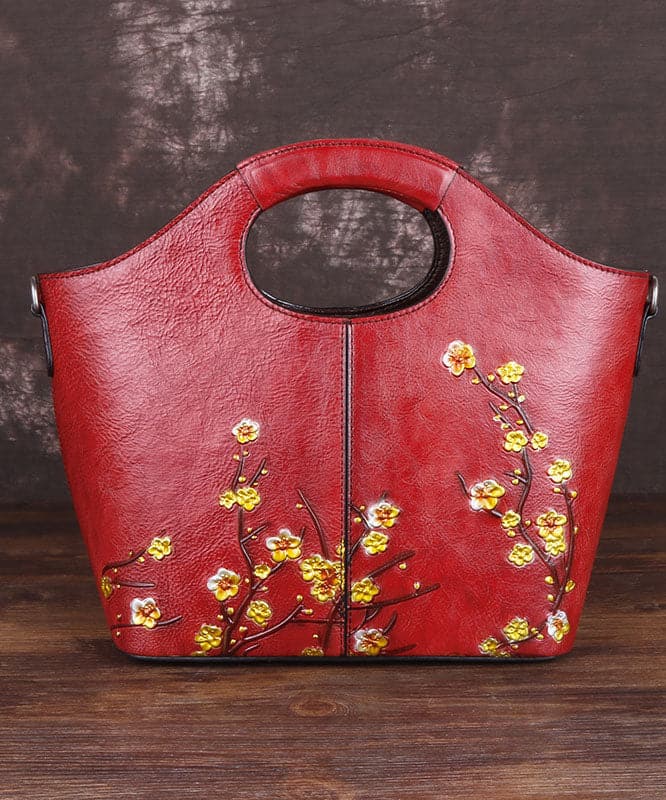 Fine Red Floral Paitings Calf Leather Tote Handbag BGS220210