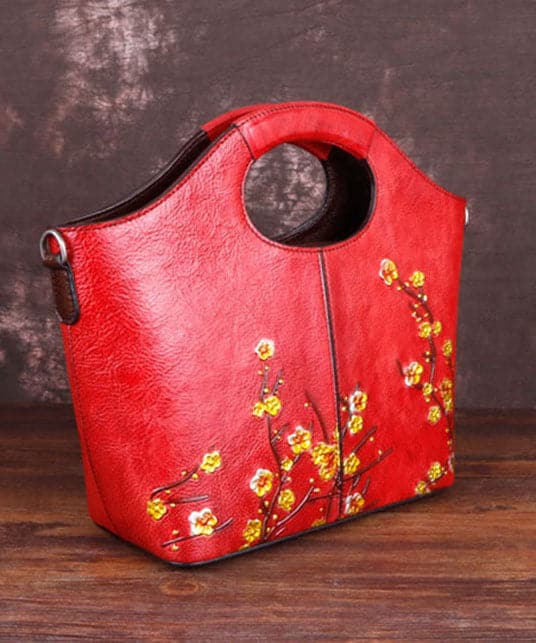 Fine Red Floral Paitings Calf Leather Tote Handbag BGS220210