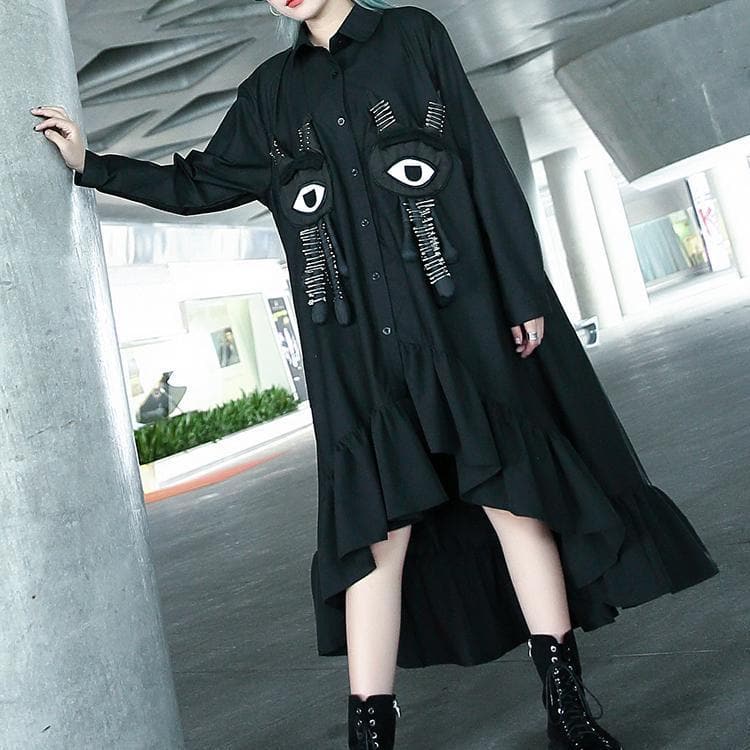 Fine black autumn shirt dress trendy plus size Turn-down Collar gown Fine asymmetrical design large hem shirt dress AT-FDL180917