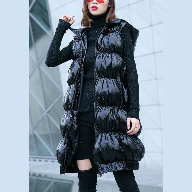 Fine black down jacket plus size hooded zippered Puffers Jackets Warm Sleeveless tunic AT-DJK181010