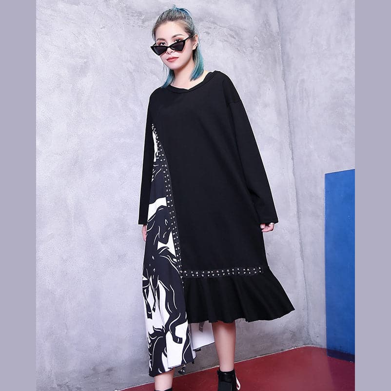 Fine black natural plus size clothing dress patchwork asymmetrical design Elegant v neck baggy dresses AT-FDL180917