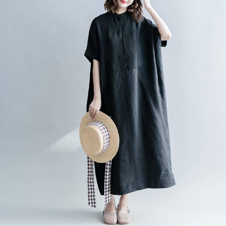 Fine black silk linen dresses oversize Stand baggy dresses caftans casual short sleeve patchwork gown SDL180808