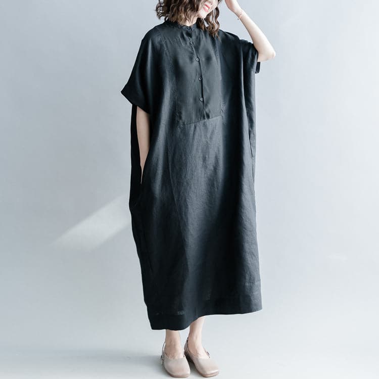 Fine black silk linen dresses oversize Stand baggy dresses caftans casual short sleeve patchwork gown SDL180808