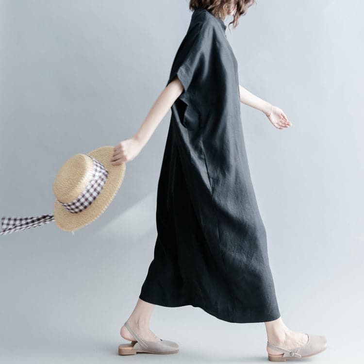 Fine black silk linen dresses oversize Stand baggy dresses caftans casual short sleeve patchwork gown SDL180808