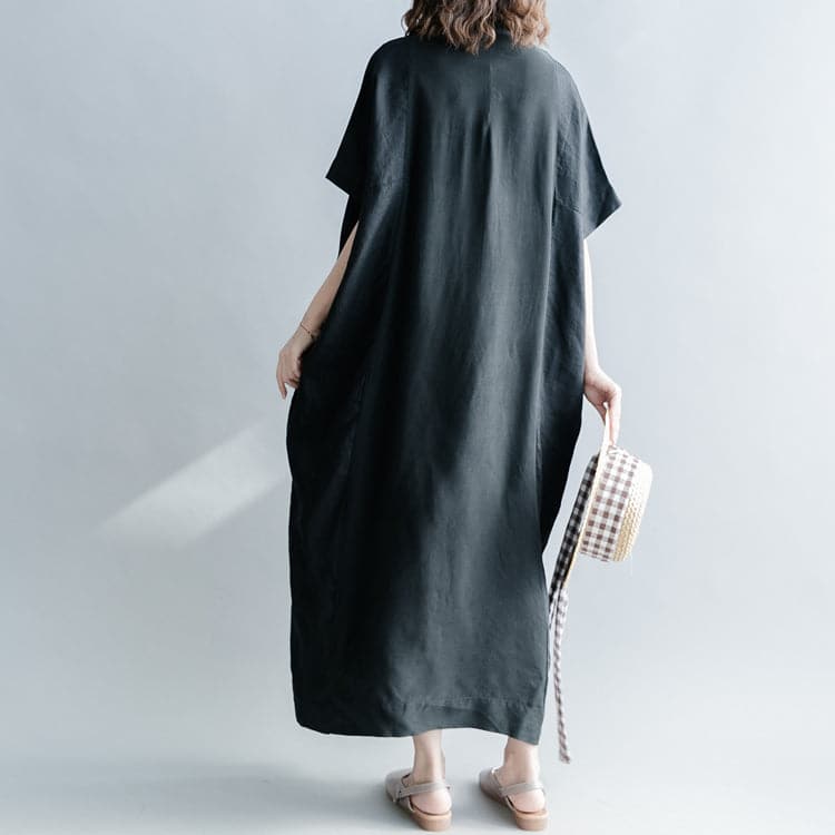 Fine black silk linen dresses oversize Stand baggy dresses caftans casual short sleeve patchwork gown SDL180808