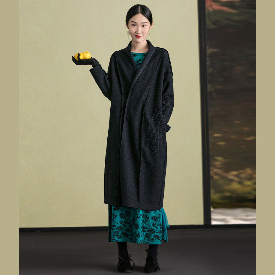 Fine black wool coat for woman plus size clothing embroidery Winter coat long sleeve woolen outwear TCT181116