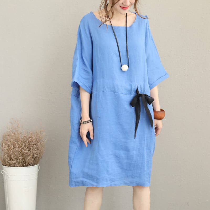 Fine blue Midi-length linen dress oversize linen clothing dress fine waist drawstring bracelet sleeved knee dresses SDM180727