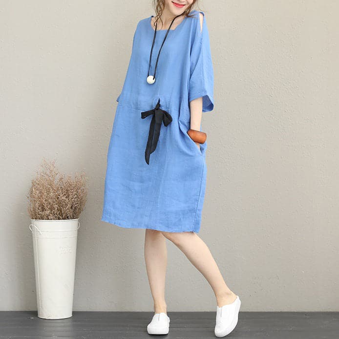 Fine blue Midi-length linen dress oversize linen clothing dress fine waist drawstring bracelet sleeved knee dresses SDM180727