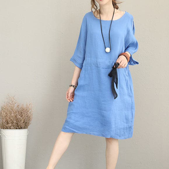 Fine blue Midi-length linen dress oversize linen clothing dress fine waist drawstring bracelet sleeved knee dresses SDM180727