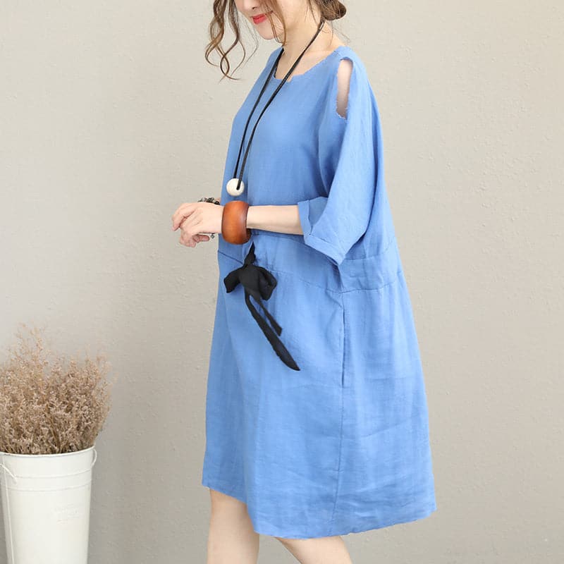 Fine blue Midi-length linen dress oversize linen clothing dress fine waist drawstring bracelet sleeved knee dresses SDM180727