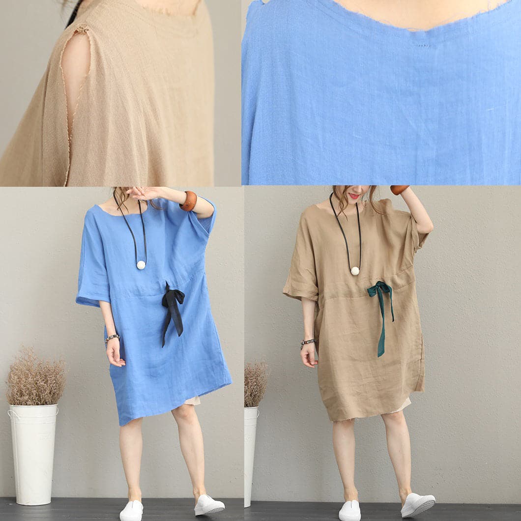 Fine blue Midi-length linen dress oversize linen clothing dress fine waist drawstring bracelet sleeved knee dresses SDM180727