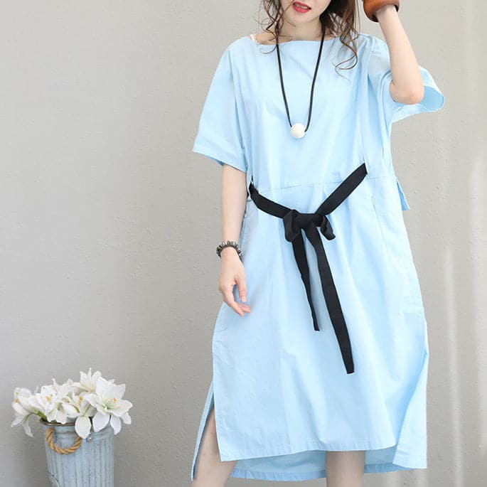 Fine blue linen dress plus size clothing linen clothing dress boutique side open tie waist linen cotton dress SDM180727