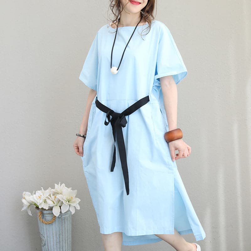 Fine blue linen dress plus size clothing linen clothing dress boutique side open tie waist linen cotton dress SDM180727