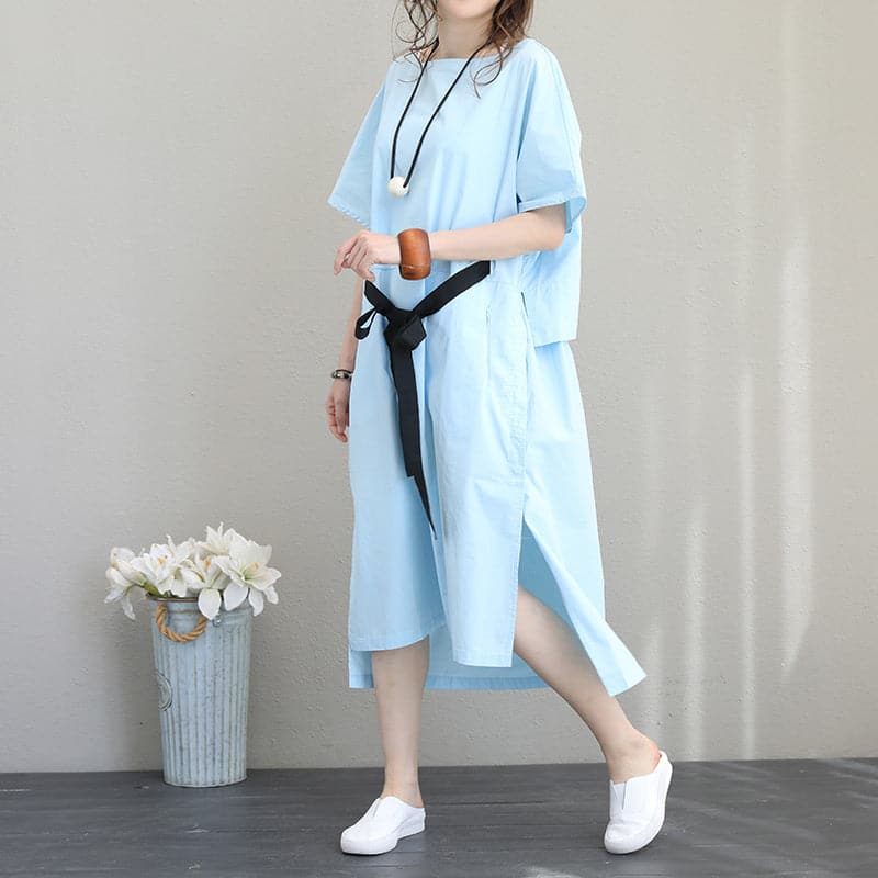 Fine blue linen dress plus size clothing linen clothing dress boutique side open tie waist linen cotton dress SDM180727